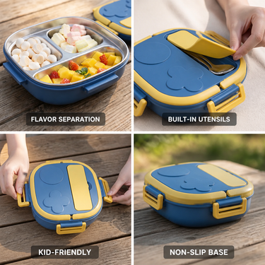 Bento Lunch Box | Compartments with Cutlery Case | Stainless Steel Interior & Non-Slip Base