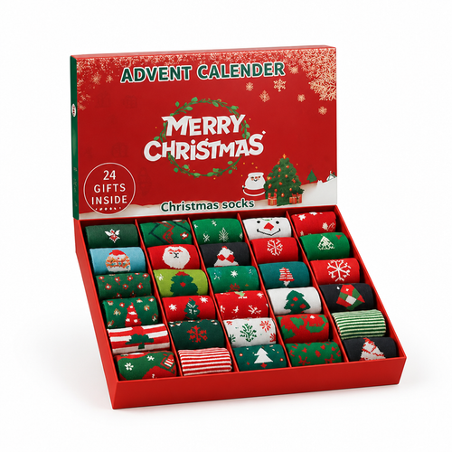 24-pair Christmas sock advent calendar with festive holiday designs