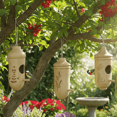 Hanging Birdhouse Set 3-Pack | Engraved Natural Wood | Integrated Metal Hanger | Garden & Balcony