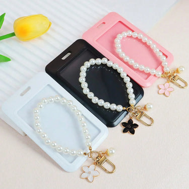 Wristlet Keychain for Women | Pearl Beaded Style | ID Card Holder & Flower Charm | Gift for Mom