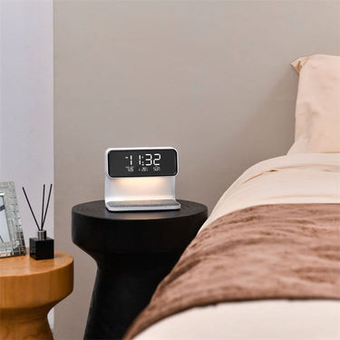 Nightstand Lamp | Touch Dimmer (3 Levels) | Wireless Charger & LCD Clock | Space-Saving