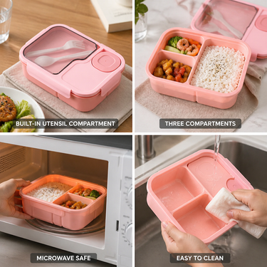 Bento Box | Microwave-Safe Silicone Base | 3 Compartments & Built-In Cutlery | Leakproof Design