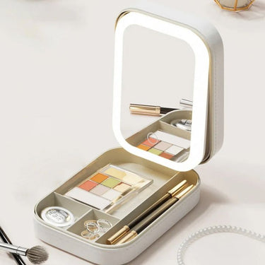 Travel Makeup Case | LED Mirror with USB Rechargeable Light | PU Leather Compact Organizer