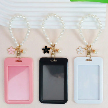 Wristlet Keychain for Women | Pearl Beaded Style | ID Card Holder & Flower Charm | Gift for Mom