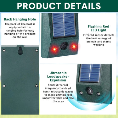 Ultrasonic Bird Repeller | Solar-Powered | LED Flash & Motion Sensor | 600 m² Coverage
