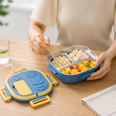 Bento Lunch Box | Compartments with Cutlery Case | Stainless Steel Interior & Non-Slip Base
