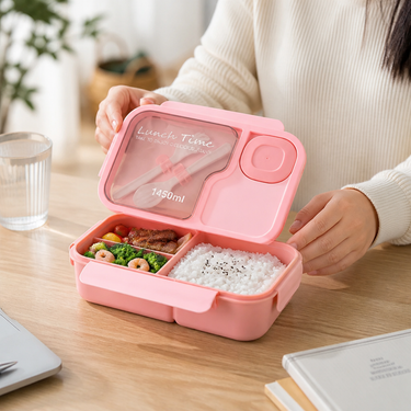 Bento Box | Microwave-Safe Silicone Base | 3 Compartments & Built-In Cutlery | Leakproof Design