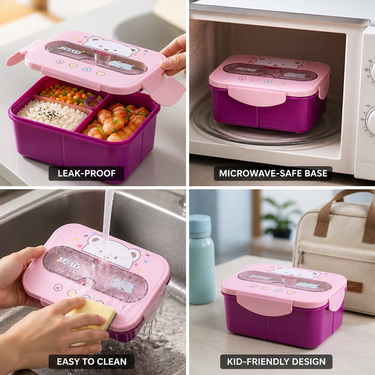 Kids Bento Box | 3-Compartment Leakproof Lid | Microwave-Safe, 1200ml | Easy to Clean